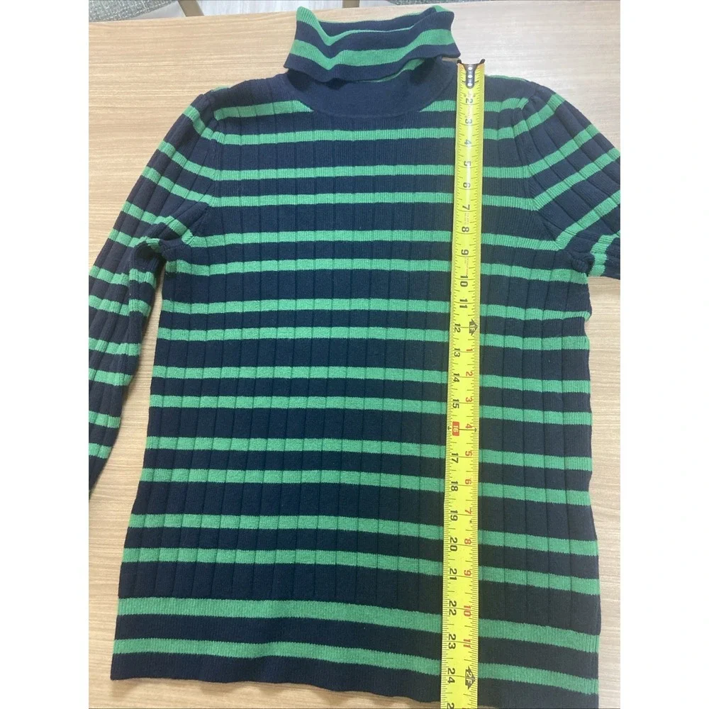 Talbots Women's Size L Green Navy Blue Striped Ribbed Turtleneck Sweater‎ Cute!